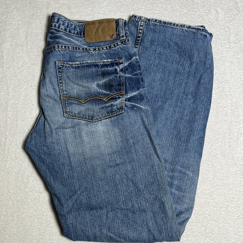 American Eagle Jeans Men 30x32 Blue Original Low Rise Boot Crazy Whiskering